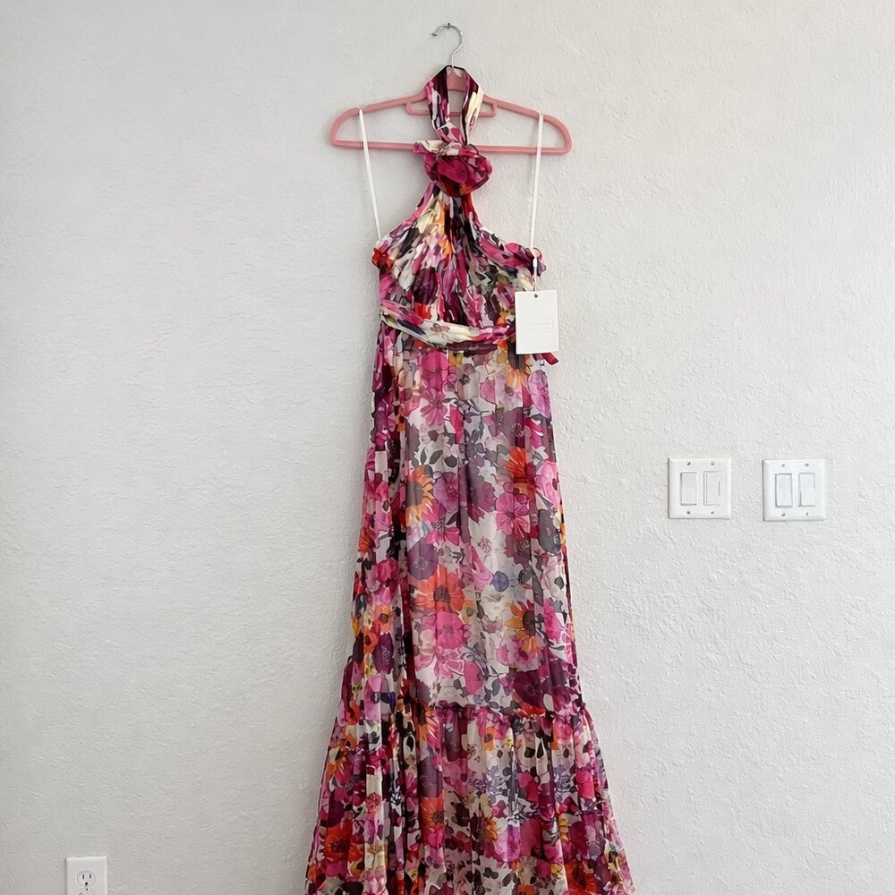Mac Duggal Floral Halter Asymmetrical Evening Gown in Pink, Purple, Orange - Picture 3 of 4